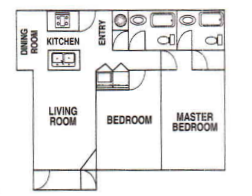 Floor plan for 2 beds, 2 baths, 950 sqft
